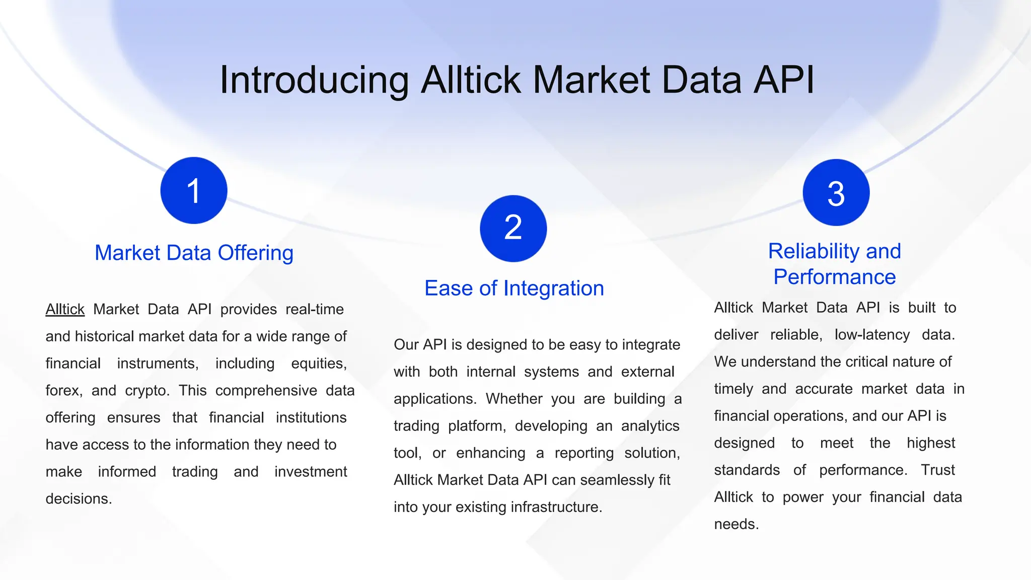 Introducing Alltick Market Data API
1
Market Data Offering
Alltick Market Data API provides real-time
and historical market data for a wide range of
financial instruments, including equities,
forex, and crypto. This comprehensive data
offering ensures that financial institutions
have access to the information they need to
make informed trading and investment
decisions.
2
Ease of Integration
Our API is designed to be easy to integrate
with both internal systems and external
applications. Whether you are building a
trading platform, developing an analytics
tool, or enhancing a reporting solution,
Alltick Market Data API can seamlessly fit
into your existing infrastructure.
3
Reliability and
Performance
Alltick Market Data API is built to
deliver reliable, low-latency data.
We understand the critical nature of
timely and accurate market data in
financial operations, and our API is
designed to meet the highest
standards of performance. Trust
Alltick to power your financial data
needs.
 