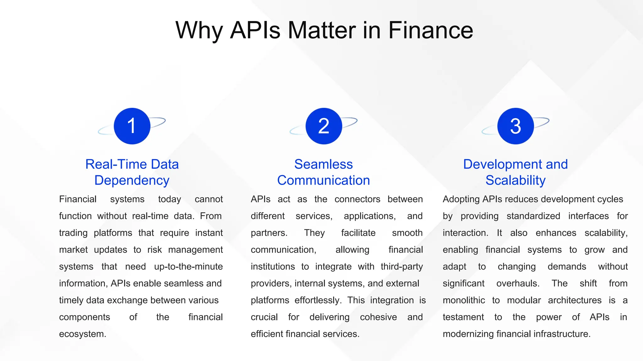 Why APIs Matter in Finance
1
Real-Time Data
Dependency
Financial systems today cannot
function without real-time data. From
trading platforms that require instant
market updates to risk management
systems that need up-to-the-minute
information, APIs enable seamless and
timely data exchange between various
components of the financial
ecosystem.
2
Seamless
Communication
APIs act as the connectors between
different services, applications, and
partners. They facilitate smooth
communication, allowing financial
institutions to integrate with third-party
providers, internal systems, and external
platforms effortlessly. This integration is
crucial for delivering cohesive and
efficient financial services.
3
Development and
Scalability
Adopting APIs reduces development cycles
by providing standardized interfaces for
interaction. It also enhances scalability,
enabling financial systems to grow and
adapt to changing demands without
significant overhauls. The shift from
monolithic to modular architectures is a
testament to the power of APIs in
modernizing financial infrastructure.
 