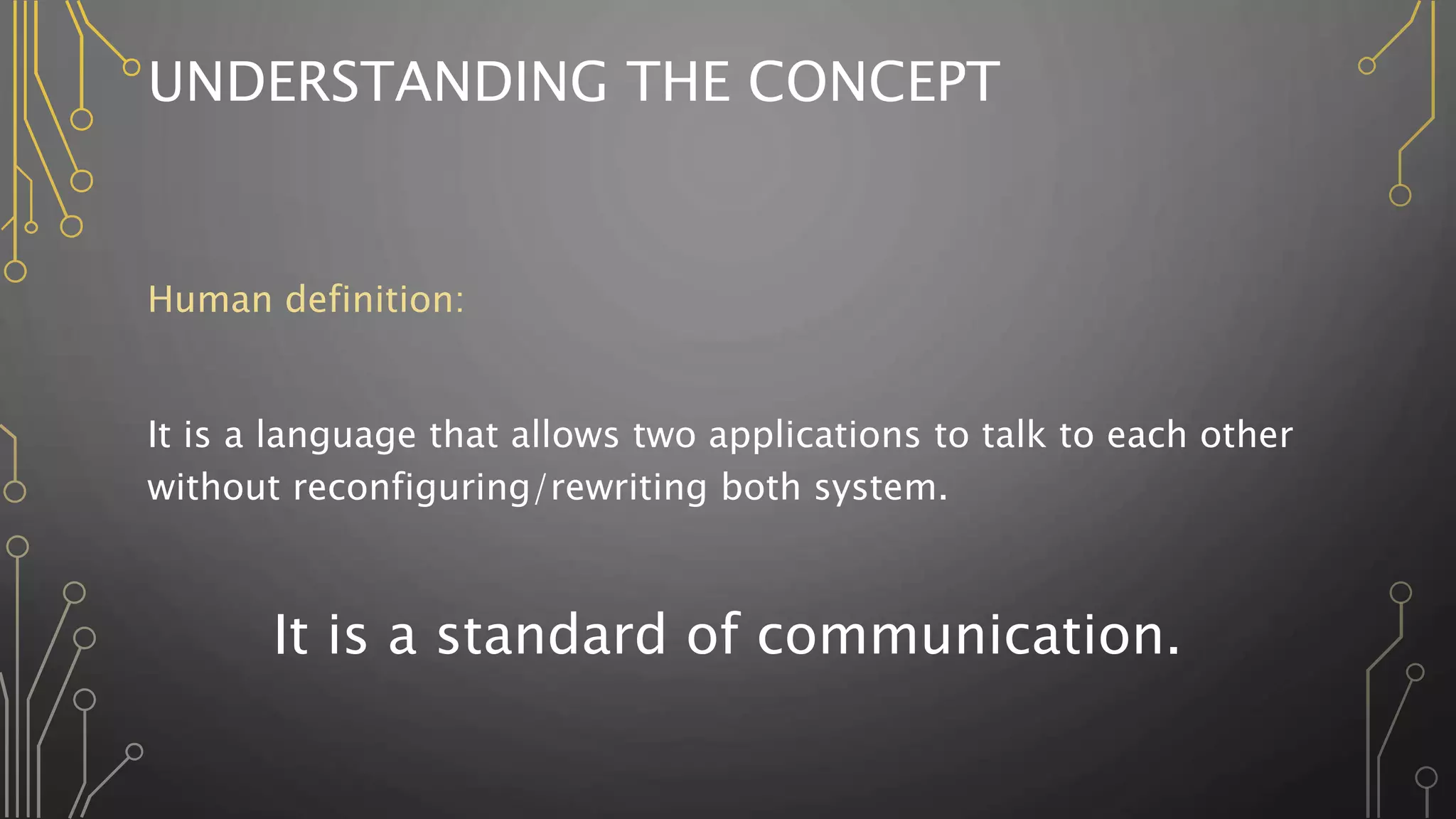 UNDERSTANDING THE CONCEPT
Human definition:
It is a language that allows two applications to talk to each other
without reconfiguring/rewriting both system.
It is a standard of communication.
 
