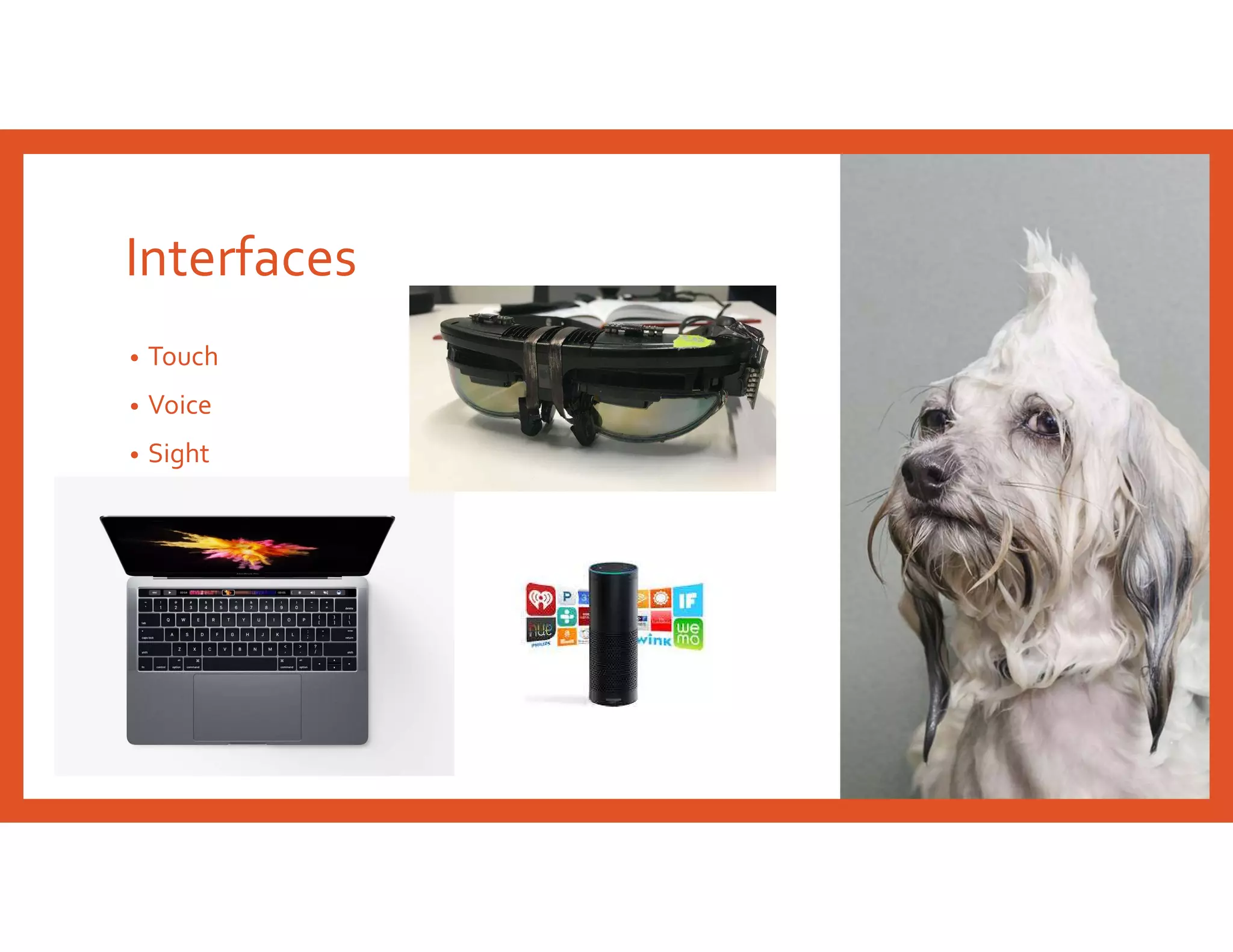 Interfaces
• Touch
• Voice
• Sight
 