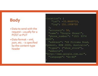 Body
• Data to send with the
request – usually for a
POST or PUT
• Data format – xml,
json, etc. - is specified
by the content-type
header
{
"location": {
"lat": -33.8669710,
"lng": 151.1958750
},
"accuracy": 50,
"name": "Google Shoes!",
"phone_number": "(02) 9374
4000",
"address": "48 Pirrama Road,
Pyrmont, NSW 2009, Australia",
"types": ["shoe_store"],
"website":
"http://www.google.com.au/",
"language": "en-AU"
}
 
