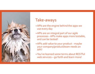 Take-aways
• APIs are the engine behind the apps we
use every day
• APIs are an integral part of our agile
processes - APIs make apps more testable,
and can be tested!
• APIs add value to your product - maybe
your company/product/team needs an
API?
• You’ve learned some terms about RESTful
web services – go forth and learn more!
 