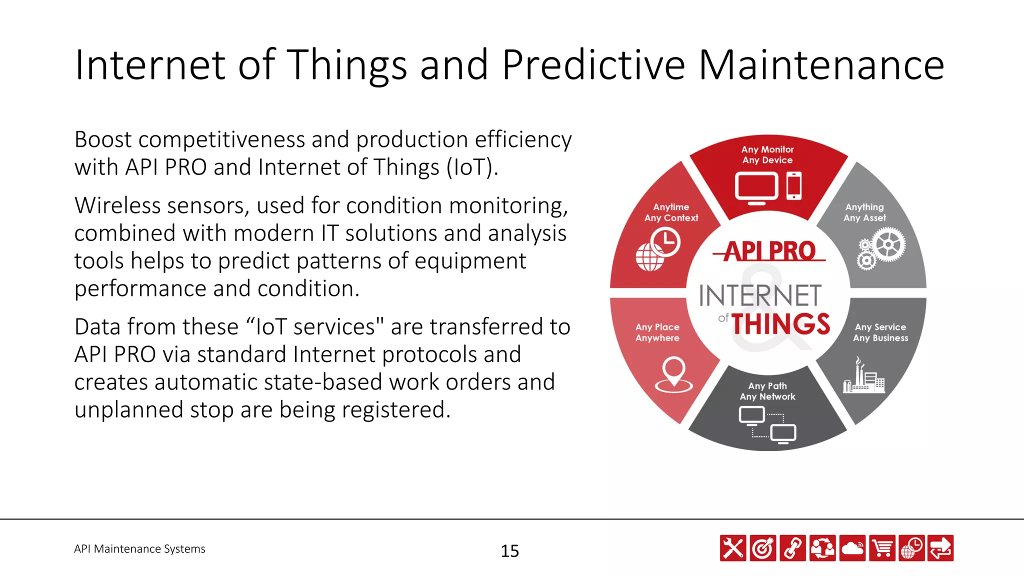 API Maintenance Systems 15
Internet of Things and Predictive Maintenance
Boost competitiveness and production efficiency
with API PRO and Internet of Things (IoT).
Wireless sensors, used for condition monitoring,
combined with modern IT solutions and analysis
tools helps to predict patterns of equipment
performance and condition.
Data from these “IoT services" are transferred to
API PRO via standard Internet protocols and
creates automatic state-based work orders and
unplanned stop are being registered.
 