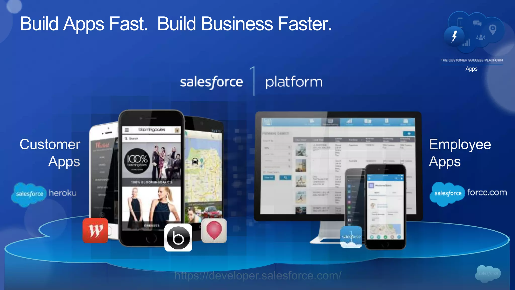 https://developer.salesforce.com/
Employee
Apps
Customer
Apps
Apps
Build Apps Fast. Build Business Faster.
 