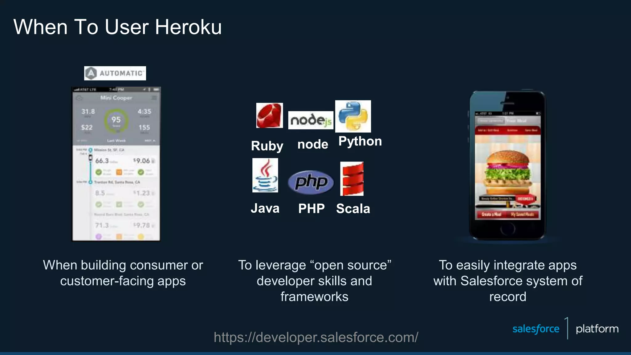 https://developer.salesforce.com/
When building consumer or
customer-facing apps
To leverage “open source”
developer skills and
frameworks
To easily integrate apps
with Salesforce system of
record
When To User Heroku
Ruby
Java
node
PHP
Python
Scala
 