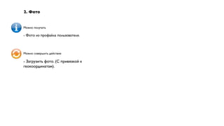 2. Фото


Можно получать

- Фото из профайла пользователя.



Можно совершить действие

- Загрузить фото. (С привязкой к
геокоординатам).
 