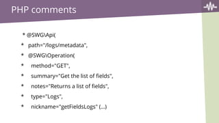 PHP comments
* @SWGApi(
* path="/logs/metadata",
* @SWGOperation(
* method="GET",
* summary="Get the list of fields",
* notes="Returns a list of fields",
* type="Logs",
* nickname="getFieldsLogs" (…)
 