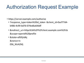 Authorization Request Example
• https://server.example.com/authorize
• ?response_type=token%20id_token &client_id=0acf77d4-
b486-4c99-bd76-074ed6a64ddf
• &redirect_uri=https%3A%2F%2Fclient.example.com%2Fcb
&scope=openid%20profile
• &state=af0ifjsldkj
&nonce=n-
0S6_WzA2Mj
OpenIDConnect
 