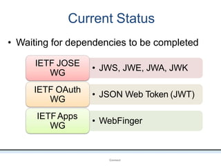 Current Status
OpenIDConnect
• Waiting for dependencies to be completed
• JWS, JWE, JWA, JWK
• JSON Web Token (JWT)
• WebFinger
IETF JOSE
WG
IETF OAuth
WG
IETFApps
WG
 