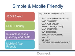 Simple & Mobile Friendly
OpenIDConnect
JSON Based
REST Friendly
In simplest cases,
just copy and paste
Mobile &App
Friendly
e.g., ID Token is signed JSON
{
"iss": "https://client.example.com",
”sub": "24400320",
"aud": "s6BhdRkqt3",
"nonce": "n-0S6_WzA2Mj",
"exp": 1311281970,
"iat": 1311280970,
"auth_time": 1311280969,
"acr": "2",
"at_hash":
"MTIzNDU2Nzg5MDEyMzQ1Ng"
}
 