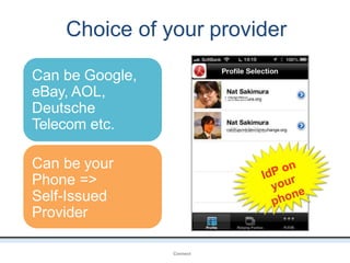 Choice of your provider
OpenIDConnect
Can be Google,
eBay, AOL,
Deutsche
Telecom etc.
Can be your
Phone =>
Self-Issued
Provider
 