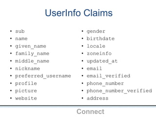 UserInfo Claims
OpenIDConnect
• sub
• name
• given_name
• family_name
• middle_name
• nickname
• preferred_username
• profile
• picture
• website
• gender
• birthdate
• locale
• zoneinfo
• updated_at
• email
• email_verified
• phone_number
• phone_number_verified
• address
 