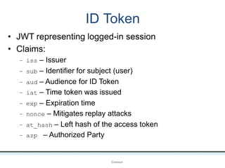 ID Token
OpenIDConnect
• JWT representing logged-in session
• Claims:
– iss – Issuer
– sub – Identifier for subject (user)
– aud – Audience for ID Token
– iat – Time token was issued
– exp – Expiration time
– nonce – Mitigates replay attacks
– at_hash – Left hash of the access token
– azp – Authorized Party
 