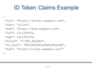 ID Token Claims Example
OpenIDConnect
{
"iss": "https://server.example.com",
"sub": "alice",
"aud": "https://bob.example.com",
"iat": 1311280970,
"exp": 1311281970,
"nonce": "n-0S6_WzA2Mj",
"at_hash": "MTIzNDU2Nzg5MDEyMzQ1Ng",
"azp": "https://cindy.example.com/"
}
 