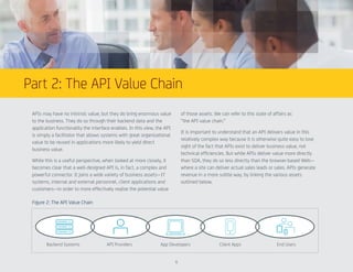 Part 2: The API Value Chain
5
APIs may have no intrinsic value, but they do bring enormous value
to the business. They do so through their backend data and the
application functionality the interface enables. In this view, the API
is simply a facilitator that allows systems with great organizational
value to be reused in applications more likely to yield direct
business value.
While this is a useful perspective, when looked at more closely, it
becomes clear that a well-designed API is, in fact, a complex and
powerful connector. It joins a wide variety of business assets—IT
systems, internal and external personnel, client applications and
customers—in order to more effectively realize the potential value
of those assets. We can refer to this state of affairs as
“the API value chain.”
It is important to understand that an API delivers value in this
relatively complex way because it is otherwise quite easy to lose
sight of the fact that APIs exist to deliver business value, not
technical efficiencies. But while APIs deliver value more directly
than SOA, they do so less directly than the browser-based Web—
where a site can deliver actual sales leads or sales. APIs generate
revenue in a more subtle way, by linking the various assets
outlined below.
Figure 2: The API Value Chain
Backend Systems API Providers App Developers Client Apps End Users
 