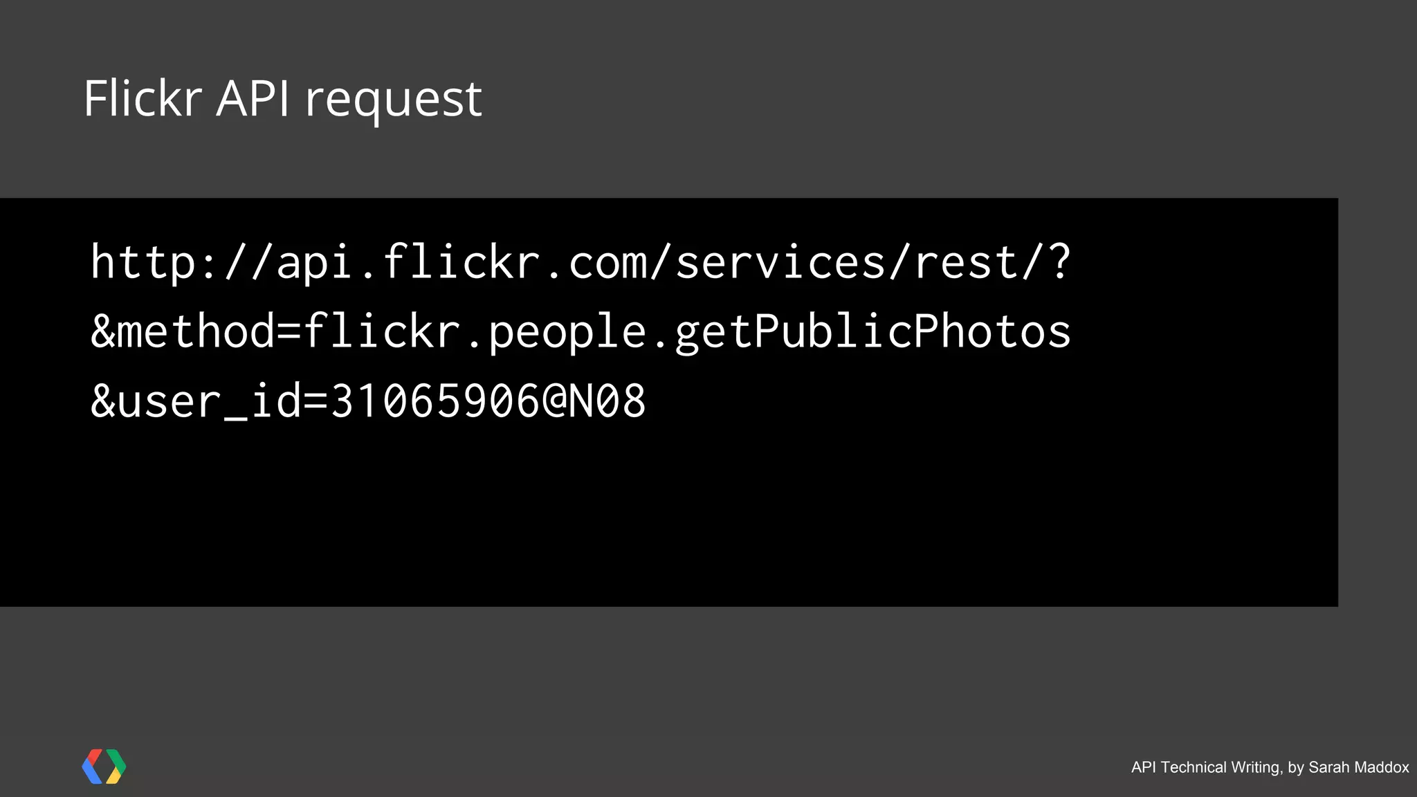#APItechcomm @sarahmaddox
Web service APIs
SOAP
XML-RPC and JSON-RPC
REST
Library-based APIs
JavaScript
TWAIN
Class-based APIs (object orientation)
Java API
Android API
OS functions and routines
Access to file system
Access to user interface
Object remoting APIs
CORBA
.NET Remoting
Hardware APIs
Video accelerators
Cameras
A classification of APIs
 