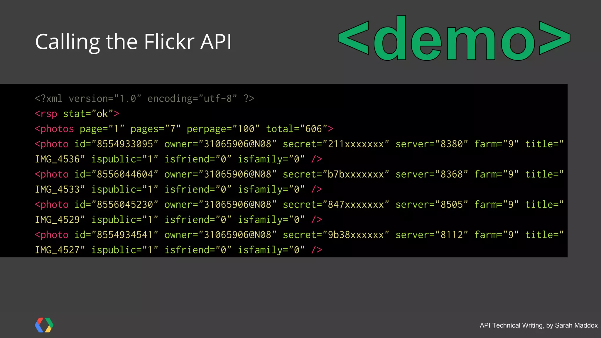 #APItechcomm @sarahmaddox
Demo of a JavaScript API
 