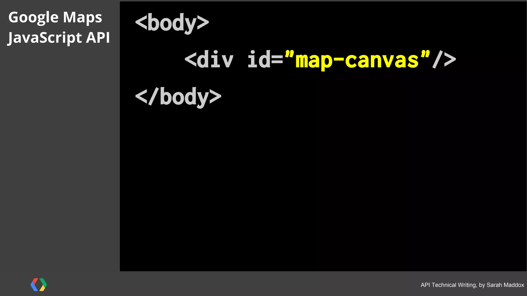 #APItechcomm @sarahmaddox
<script async defer
src="https://maps.googleapis.com/maps/api/js
?key=YOUR-KEY-HERE
&callback=initMap">
</script>
Google Maps
JavaScript API
 