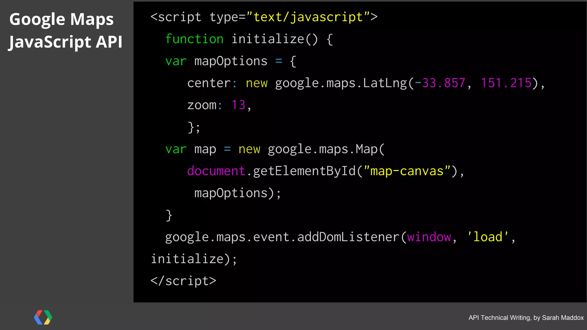 #APItechcomm @sarahmaddox
Google Maps
JavaScript API
 