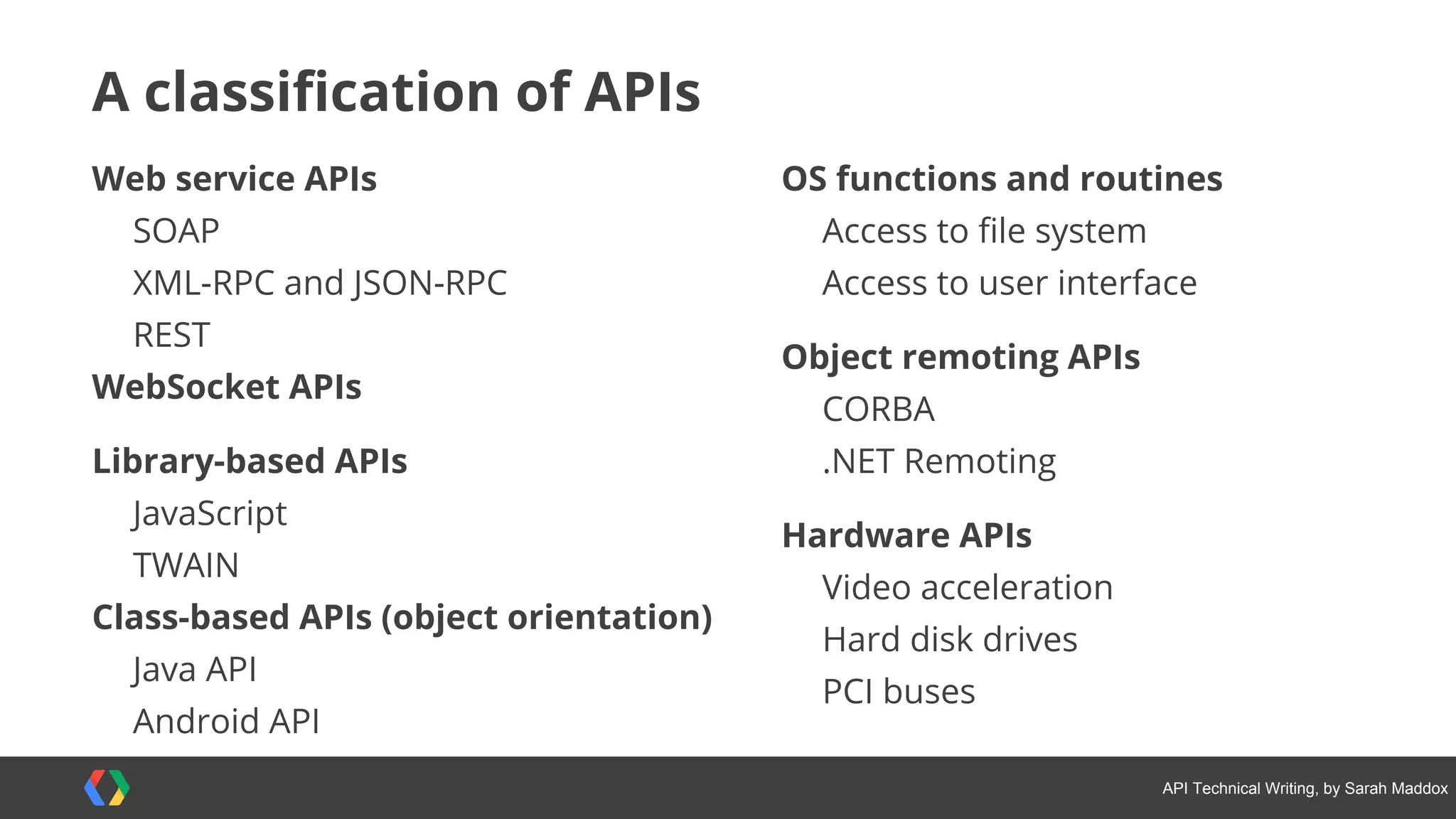 #APItechcomm @sarahmaddox
Calling the Flickr API
<?xml version="1.0" encoding="utf-8" ?>
<rsp stat="ok">
<photos page="1" pages="7" perpage="100" total="606">
<photo id=8554933095" owner="31065906@N08" secret="211xxxxxxx" server="8380"
farm="9" title="IMG_4536" ispublic="1" isfriend="0" isfamily="0" />
<photo id="8556044604" owner="31065906@N08" secret="b7bxxxxxxx" server="8368"
farm="9" title="IMG_4533" ispublic="1" isfriend="0" isfamily="0" />
<photo id="8556045230" owner="31065906@N08" secret="847xxxxxxx" server="8505"
farm="9" title="IMG_4529" ispublic="1" isfriend="0" isfamily="0" />
<photo id="8554934541" owner="31065906@N08" secret="9b38xxxxxx" server="8112"
farm="9" title="IMG_4527" ispublic="1" isfriend="0" isfamily="0" />
Get a list:
● Request
● Response
Get a photo:
● Request
● Response
 