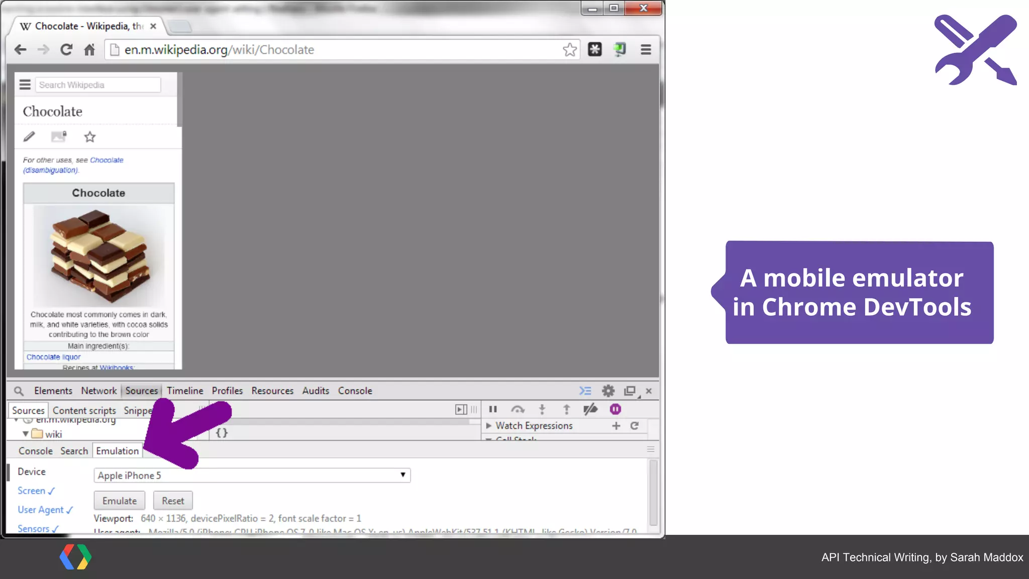 #APItechcomm @sarahmaddox
Example documentation for a Java-based API
Google Maps Android API
Overview: http://goo.gl/pPAMq
Getting started: http://goo.gl/fgdUM
How-to guides for common use cases: http://goo.gl/JlVOcQ
Reference: http://goo.gl/ky1ijm
 