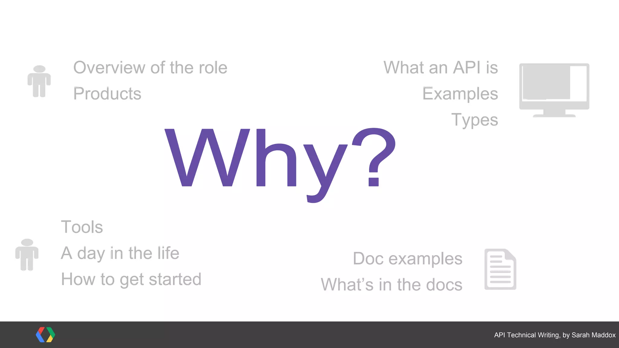 #APItechcomm @sarahmaddox
Why an API tech writer?
APIs are the communication channel of the connected world.
API developers need help hooking their app up to someone else’s API.
Tech writers who can give that help are in a very good position.
 