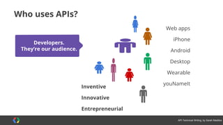 #APItechcomm @sarahmaddox
<script type=‘text/javascript’>
// Say hello world until the user starts questioning
// the meaningfulness of their existence.
function helloWorld(world) {
for (var i = 42; i > 0; i--) {
alert (‘Hello’ + String(world));
}
}
</script>
You mean you spend your day on stuff like this?
 