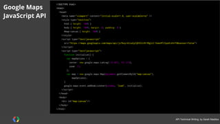 #APItechcomm @sarahmaddox
<body>
<div id="map"></div>
…
</body>
Google Maps
JavaScript API
 
