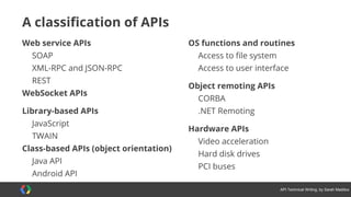 #APItechcomm @sarahmaddox
Calling the Flickr API
<?xml version="1.0" encoding="utf-8" ?>
<rsp stat="ok">
<photos page="1" pages="7" perpage="100" total="606">
<photo id=8554933095" owner="31065906@N08" secret="211xxxxxxx" server="8380"
farm="9" title="IMG_4536" ispublic="1" isfriend="0" isfamily="0" />
<photo id="8556044604" owner="31065906@N08" secret="b7bxxxxxxx" server="8368"
farm="9" title="IMG_4533" ispublic="1" isfriend="0" isfamily="0" />
<photo id="8556045230" owner="31065906@N08" secret="847xxxxxxx" server="8505"
farm="9" title="IMG_4529" ispublic="1" isfriend="0" isfamily="0" />
<photo id="8554934541" owner="31065906@N08" secret="9b38xxxxxx" server="8112"
farm="9" title="IMG_4527" ispublic="1" isfriend="0" isfamily="0" />
Get a list:
● Request
● Response
Get a photo:
● Request
● Response
 