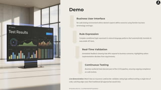 © Karate Labs Inc. | Confidential & Proprietary
Demo
Business User Interface
No-code testing environment where domain experts define scenarios using familiar business
terminology and logic.
Rule Expression
Complex conditional logic expressed in natural language patterns that automatically translate to
executable API tests.
Real-Time Validation
Immediate feedback showing how APIs respond to business scenarios, highlighting where
implementation deviates from requirements.
Continuous Testing
Business-authored tests become part of the CI/CD pipeline, ensuring ongoing compliance
as code evolves.
Live demonstration: Watch how an insurance underwriter validates rating logic without writing a single line of
code, catching edge cases that traditional QA approaches would miss.
 
