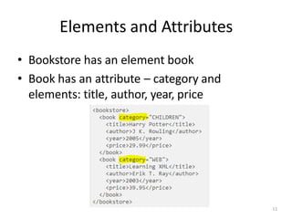 Elements and Attributes
11
• Bookstore has an element book
• Book has an attribute – category and
elements: title, author, year, price
 