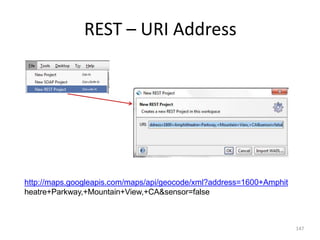 REST – URI Address
147
http://maps.googleapis.com/maps/api/geocode/xml?address=1600+Amphit
heatre+Parkway,+Mountain+View,+CA&sensor=false
 