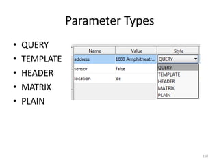 Parameter Types
150
• QUERY
• TEMPLATE
• HEADER
• MATRIX
• PLAIN
 