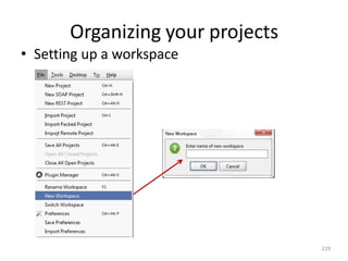 Organizing your projects
229
• Setting up a workspace
 