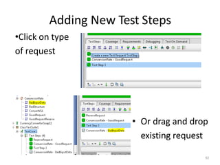 Adding New Test Steps
92
•Click on type
of request
• Or drag and drop
existing request
 