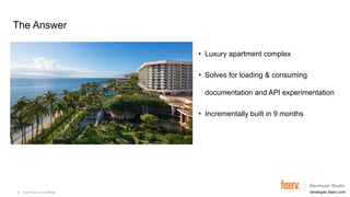 © 2023 Fiserv, Inc. or its affiliates. developer.fiserv.com
The Answer
• Luxury apartment complex
• Solves for loading & consuming
documentation and API experimentation
• Incrementally built in 9 months
5
 