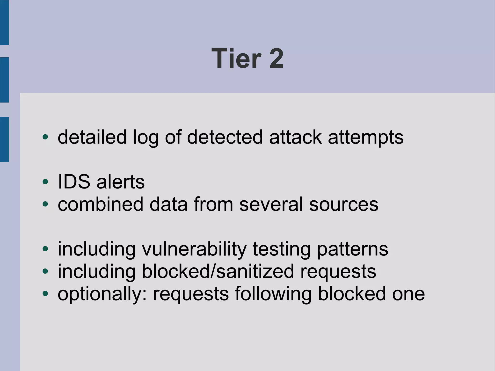 Tier 2

●   detailed log of detected attack attempts

●   IDS alerts
●   combined data from several sources

●   including vulnerability testing patterns
●   including blocked/sanitized requests
●   optionally: requests following blocked one
 