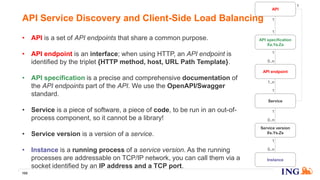 • API is a set of API endpoints that share a common purpose.
• API endpoint is an interface; when using HTTP, an API endpoint is
identified by the triplet {HTTP method, host, URL Path Template}.
• API specification is a precise and comprehensive documentation of
the API endpoints part of the API. We use the OpenAPI/Swagger
standard.
• Service is a piece of software, a piece of code, to be run in an out-of-
process component, so it cannot be a library!
• Service version is a version of a service.
• Instance is a running process of a service version. As the running
processes are addressable on TCP/IP network, you can call them via a
socket identified by an IP address and a TCP port.
105
API Service Discovery and Client-Side Load Balancing
API endpoint
API specification
Xa.Ya.Za
Service
Service version
Xs.Ys.Zs
Instance
API
1
0..n
1
1
1
1..n
1
1
0..n
1
0..n
 