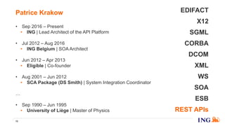 Patrice Krakow
12
• Sep 2016 – Present
• ING | Lead Architect of the API Platform
• Jul 2012 – Aug 2016
• ING Belgium | SOA Architect
• Jun 2012 – Apr 2013
• Eligible | Co-founder
• Aug 2001 – Jun 2012
• SCA Package (DS Smith) | System Integration Coordinator
…
• Sep 1990 – Jun 1995
• University of Liège | Master of Physics
EDIFACT
X12
SGML
CORBA
DCOM
XML
WS
SOA
ESB
REST APIs
 