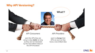 Why API Versioning?
21
What!?
API Consumers API Providers
want to change their
APIs as soon as they
have a new brilliant idea
want the APIs they are
using to stay stable as long
as they are not interested
by the new brilliant ideas of
the API Providers!
 