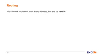 We can now implement the Canary Release, but let’s be careful
Application (API Specification x.Y.z)  (Yes)API endpoint (API Specification x.Y.z)
Application (API Specification x.Y.z)  (Yes)API endpoint (API Specification x.Y+1.z)
Application (API Specification x.Y+1.z)  (Yes)API endpoint (API Specification x.Y+1.z)
Application (API Specification x.Y+1.z)  (No) API endpoint (API Specification x.Y.z)
But, we can handle that by building the routing rules with information form both
the API Registry and the API Service Discovery ;-)
Routing
211
 