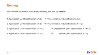 We can now implement the Canary Release, but let’s be careful
1. Application (API Specification x.Y.z)  (Yes)service (API Specification x.Y.z)
2. Application (API Specification x.Y.z)  (Yes)service (API Specification x.Y+1.z)
3. Application (API Specification x.Y+1.z)  (Yes)service (API Specification x.Y+1.z)
4. Application (API Specification x.Y+1.z)  (No) service (API Specification x.Y.z)
But, we can handle that by building the routing rules with information form both
the API Registry and the API Service Discovery ;-)
Routing
215
 