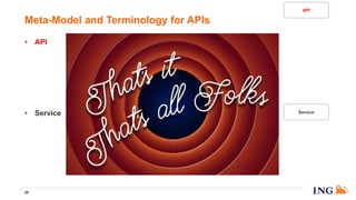 • API is a set of API endpoints.
• API endpoint is an interface; when using HTTP, an API endpoint is
identified by the triplet {HTTP method, host, URL Path Template}.
• API specification is a precise and comprehensive documentation of the
API endpoints part of the API. We use the OpenAPI/Swagger standard.
• Service is a piece of software, a piece of code, to be run in an out-of-
process component, so it cannot be a library!
• Service version is a version of a service.
• Instance is a running process of a service version. As the running
processes are addressable on TCP/IP network, you can call them via a
socket identified by an IP address and a TCP port.
28
Meta-Model and Terminology for APIs
Service
API
 