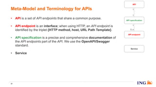 • API is a set of API endpoints that share a common purpose.
• API endpoint is an interface; when using HTTP, an API endpoint is
identified by the triplet {HTTP method, host, URL Path Template}.
• API specification is a precise and comprehensive documentation of
the API endpoints part of the API. We use the OpenAPI/Swagger
standard.
• Service is a piece of software, a piece of code, to be run in an out-of-
process component, so it cannot be a library!
• Service version is a version of a service.
• Instance is a running process of a service version. As the running
processes are addressable on TCP/IP network, you can call them via a
socket identified by an IP address and a TCP port.
31
Meta-Model and Terminology for APIs
API endpoint
API specification
Service
API
1
0..n
1
1
 
