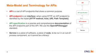 • API is a set of API endpoints that share a common purpose.
• API endpoint is an interface; when using HTTP, an API endpoint is
identified by the triplet {HTTP method, host, URL Path Template}.
• API specification is a precise and comprehensive documentation of
the API endpoints part of the API. We use the OpenAPI/Swagger
standard.
• Service is a piece of software, a piece of code, to be run in an out-of-
process component, so it cannot be a library!
• Service version is a version of a service.
• Instance is a running process of a service version. As the running
processes are addressable on TCP/IP network, you can call them via a
socket identified by an IP address and a TCP port.
33
Meta-Model and Terminology for APIs
API endpoint
API specification
Service
API
1
0..n
1
1
1
1..n
1
 