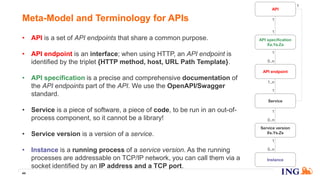 • API is a set of API endpoints that share a common purpose.
• API endpoint is an interface; when using HTTP, an API endpoint is
identified by the triplet {HTTP method, host, URL Path Template}.
• API specification is a precise and comprehensive documentation of
the API endpoints part of the API. We use the OpenAPI/Swagger
standard.
• Service is a piece of software, a piece of code, to be run in an out-of-
process component, so it cannot be a library!
• Service version is a version of a service.
• Instance is a running process of a service version. As the running
processes are addressable on TCP/IP network, you can call them via a
socket identified by an IP address and a TCP port.
44
Meta-Model and Terminology for APIs
API endpoint
API specification
Xa.Ya.Za
Service
Service version
Xs.Ys.Zs
Instance
API
1
0..n
1
1
1
1..n
1
1
0..n
1
0..n
 
