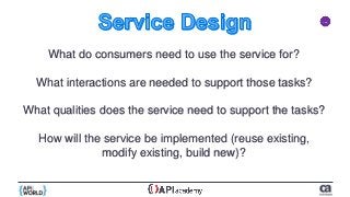 What do consumers need to use the service for?
What interactions are needed to support those tasks?
What qualities does the service need to support the tasks?
How will the service be implemented (reuse existing,
modify existing, build new)?
 