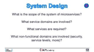 What is the scope of the system of microservices?
What service domains are involved?
What services are required?
What non-functional domains are involved (security,
service levels, more)?
 