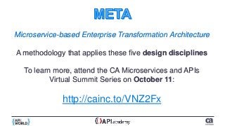 Microservice-based Enterprise Transformation Architecture
A methodology that applies these five design disciplines
To learn more, attend the CA Microservices and APIs
Virtual Summit Series on October 11:
http://cainc.to/VNZ2Fx
 