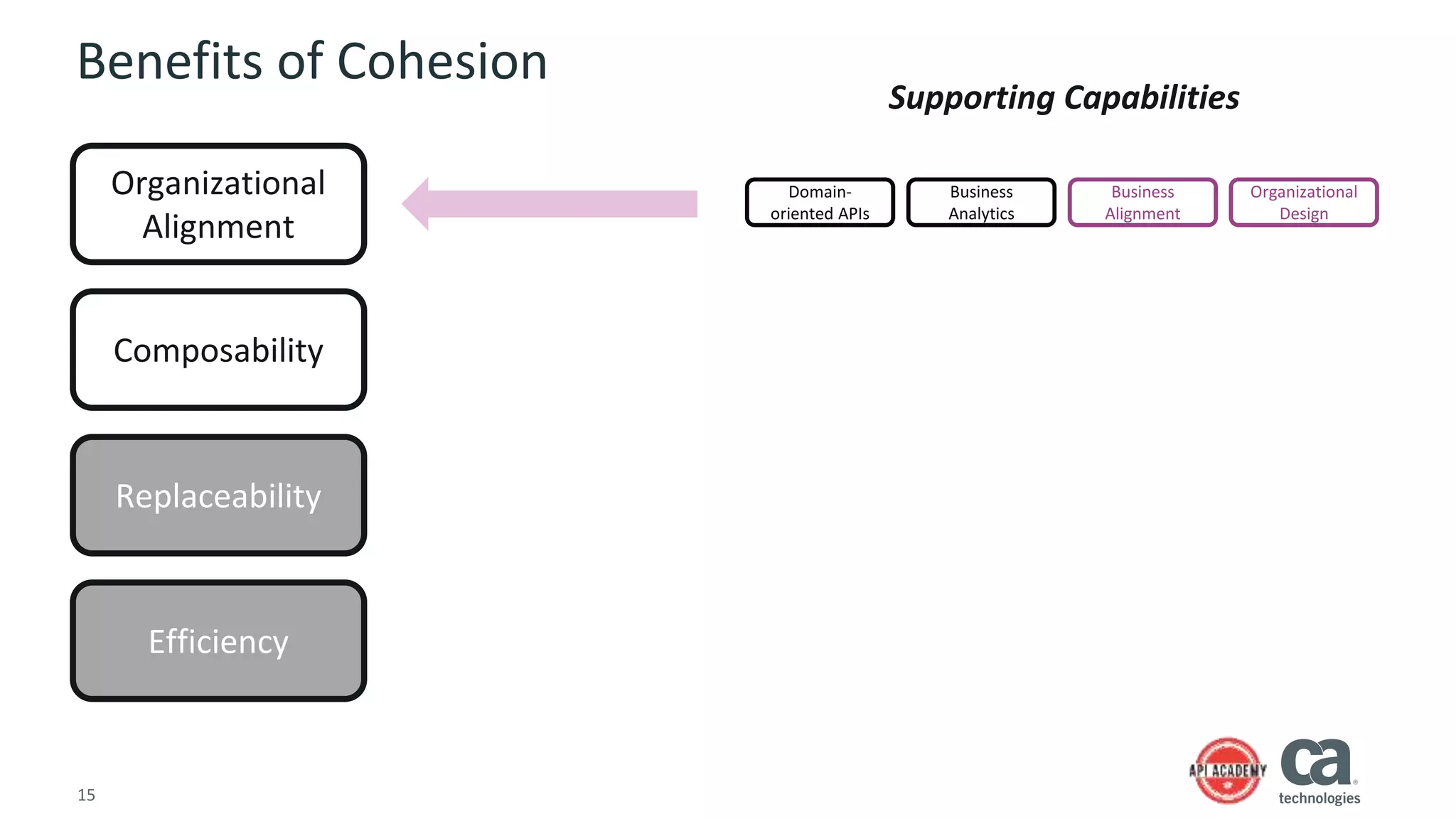 15
Benefits of Cohesion
Organizational
Alignment
Composability
Replaceability
Efficiency
Supporting Capabilities
Domain-
oriented APIs
Business
Analytics
Business
Alignment
Organizational
Design
 